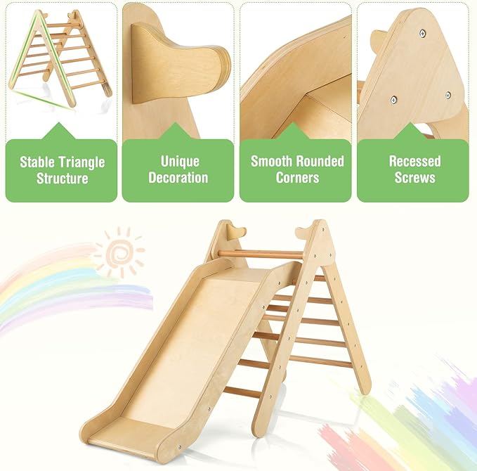 HONEY JOY Triangle Climber with Ramp, Kids Climbing Triangle Ladder for Daycare, Gym & Playground, Wooden Montessori Climbing Toys for Toddlers, Gift for Boys Girls