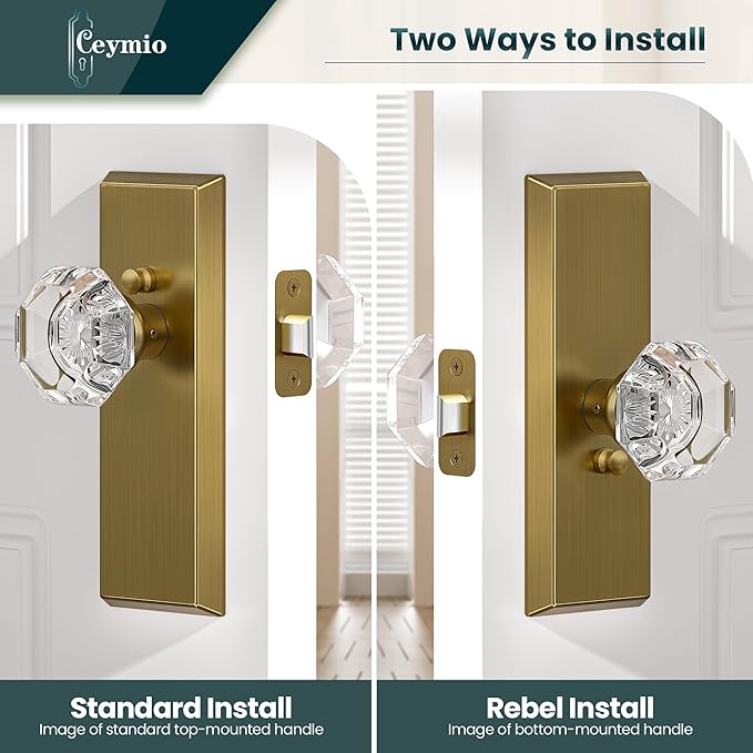 Glass Door Knobs for Interior Doors - Vintage Crystal Privacy Bedroom & Bathroom Door Knob with Lock - Diamond Cut Door Handle - Antique Brass Finish (1 Pack)