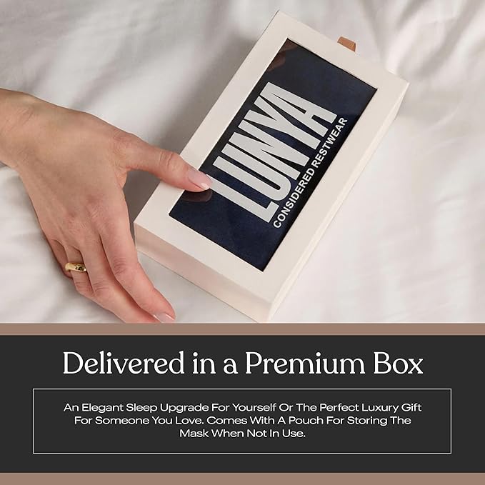 Lunya Weighted Silk Sleep Mask – Mulberry Silk Eye Cover with Cooling Glass Beads, Noise-Reducing Fit, Washable Fabric, and Travel Pouch – Sleeping Mask for Men and Women - Deep Blue - Small