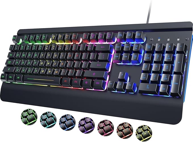 RisoPhy PC419 RGB Gaming Keyboard, 7 Single Color Backlits, 104 Keys Metal Panel, Silent Keys, Wrist Rest, Full Size Waterproof Light Up for PC Laptop Mac Gamer