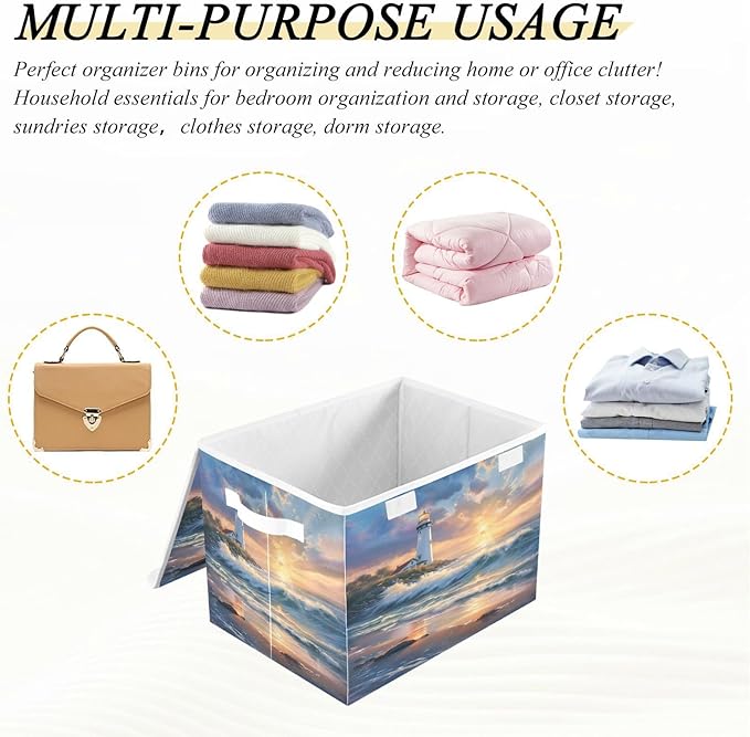 senya Large Storage Bins with Linen Collapsible Foldable Storage Cubes Fabric Closet Organizer Containers box with Flip-Top Lid for Home Bedroom Office 16.7 x 12.6 x 11.8in (Seaside Scenery)