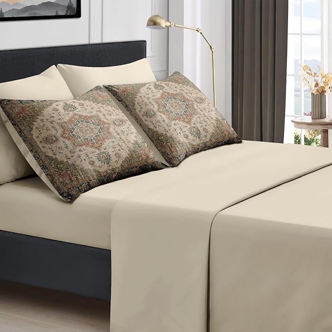 Comforter Set King Size, Vintage Medallion 7 Pcs Bedding for Kids and Adults, Floral Distressed Bed Sheet Sets with Fitted Sheet 2 Pillowcases & 2 Shams for Bedroom Bed Decor