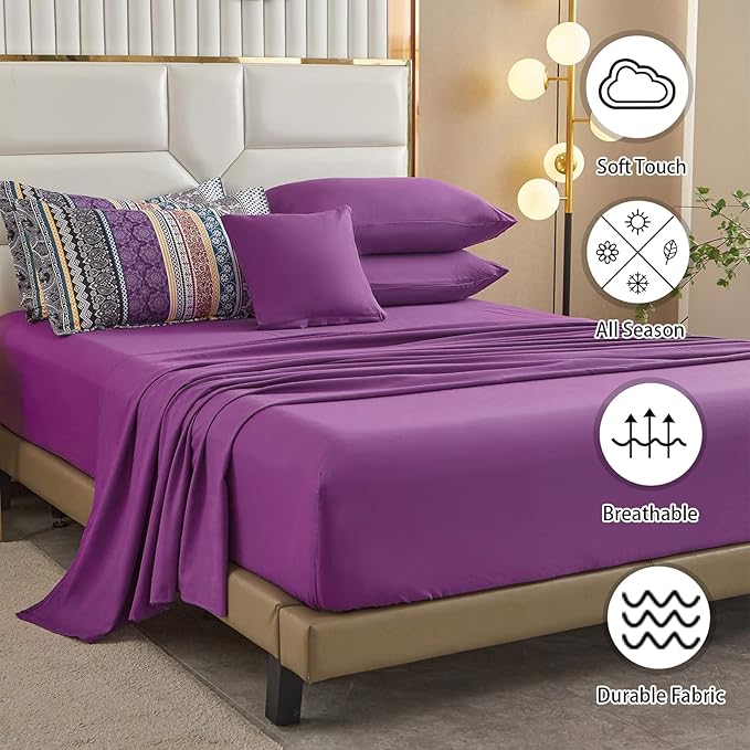 Cottolester Boho Comforter Set King Size 8 Piece Bed in a Bag Bohemian Striped Bedding Quilt Set Purple Paisley Floral Comforter and Sheet Set,Soft Microfiber Complete Bedding Sets for All Season