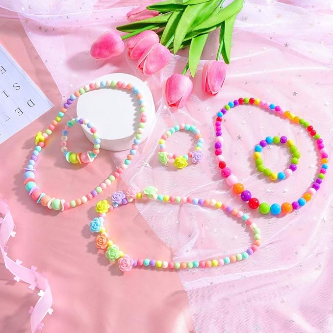 BigOtters Little Girls Necklace Bracelet, 3 Sets Lovely Colorful Beads Toddler Necklaces for Girls, Play Jewelry for Toddlers 2-4