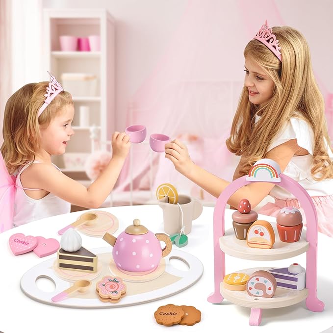 Atoylink Wooden Tea Party Set for Little Girls Toys Kids Play Kitchen Toddler Tea Set with Play Food & Cupcake Stand Pretend Play Wooden Toys for 2 3 4 5 6 Year Old Girl Christmas Birthday Gift, Pink