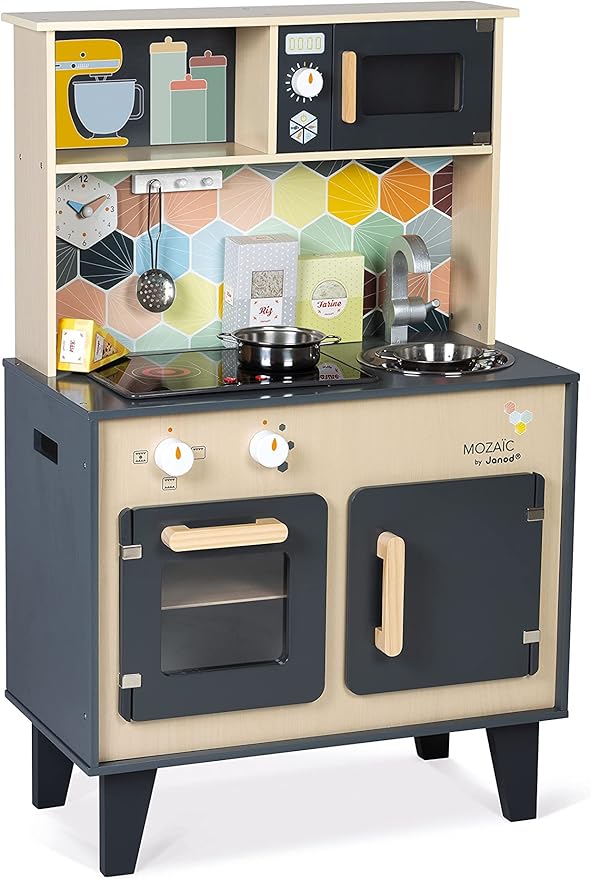 Janod - Mozaïc Big Cooker - Play Kitchen for Children - Children's Kitchen with Sound and Light - Wooden Kitchen with 3 Accessories + 3 Food Boxes - from 3 Years - J06609