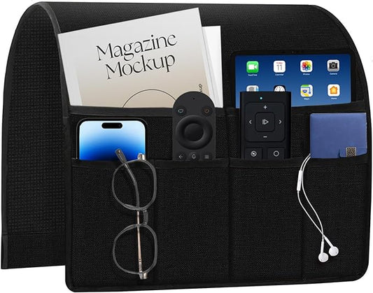 Remote Holder for Recliner Armchair & Couch, Non Slip Sofa Armrest Organizer Caddy with 6 Pockets Thick Linen Fabric Storage for Tablet, Phone, 19x35 Inches, Black