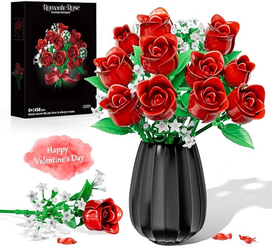 Red Rose Flowers Bouquet Building Set, Flower Plants for Botanical Collection and Decorative Home Table Art Forever Rose Toy, Valentine's DIY Gift for Women Girls Adults 6+, No Vase