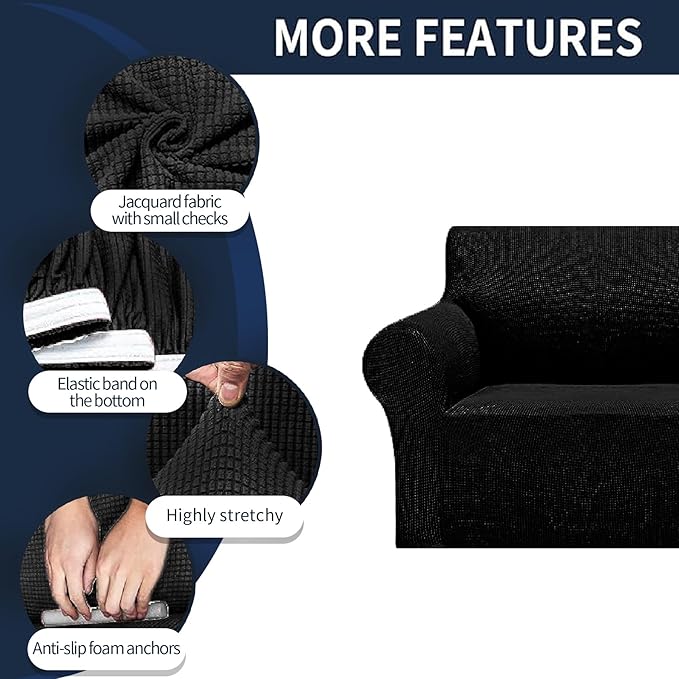 2025 New Stretch Oversized Sofa Slipcovers Couch Sofa Cover for 4 Seater Furniture Protector Covers with Elastic Bottom Jacquard Fabric Small Checks for Pets, Kids - Black