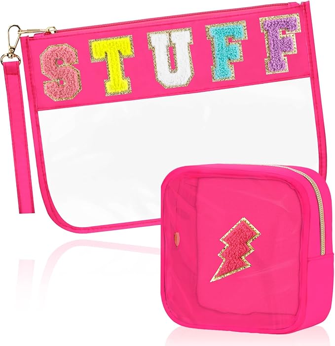BuyCard 2 Pcs Stuff Bag Cosmetic Makeup Bag with Chenille Letter Patch, Clear Pouch PVC Organizer Purse, Waterproof Travel Bag, Portable Toiletry Storage Bag for Her Girls Friends Women