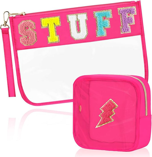 BuyCard 2 Pcs Stuff Bag Cosmetic Makeup Bag with Chenille Letter Patch, Clear Pouch PVC Organizer Purse, Waterproof Travel Bag, Portable Toiletry Storage Bag for Her Girls Friends Women