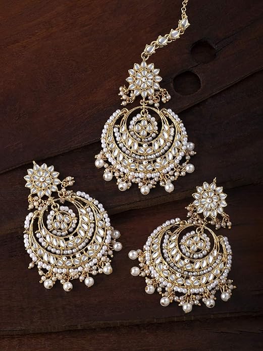 Aheli Bollywood Ethnic Chandbali Style Big Earrings Maang Tikka Set Traditional Fashion Jewelry Gift for Women