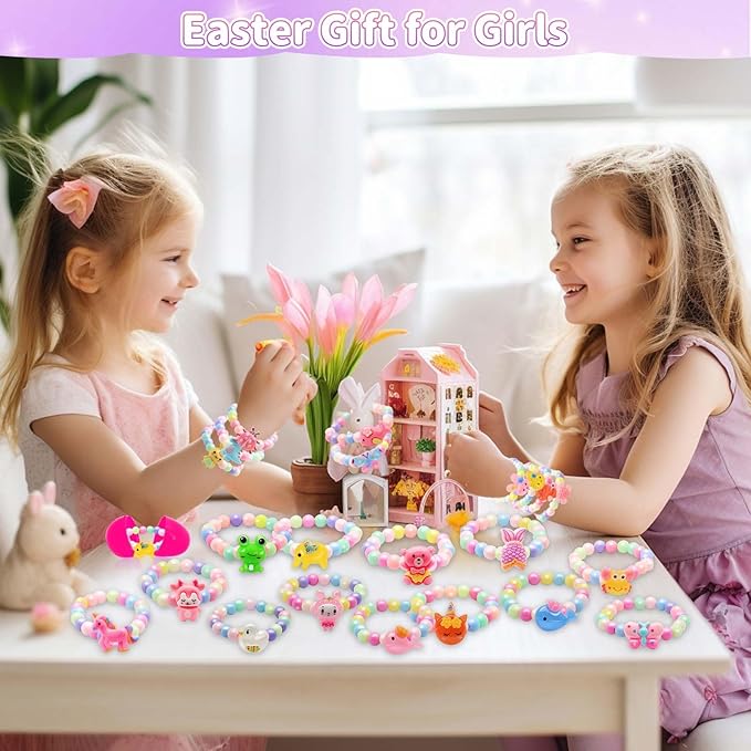 24 Pcs Easter Egg Filled with Bracelets Inside for Girls Toddler Kids, 24 Different Colorful Bead Bracelets Easter Basket Stuffers Gift, Girls Easter Egg Hunt Party Favors Classroom Prize Supplies
