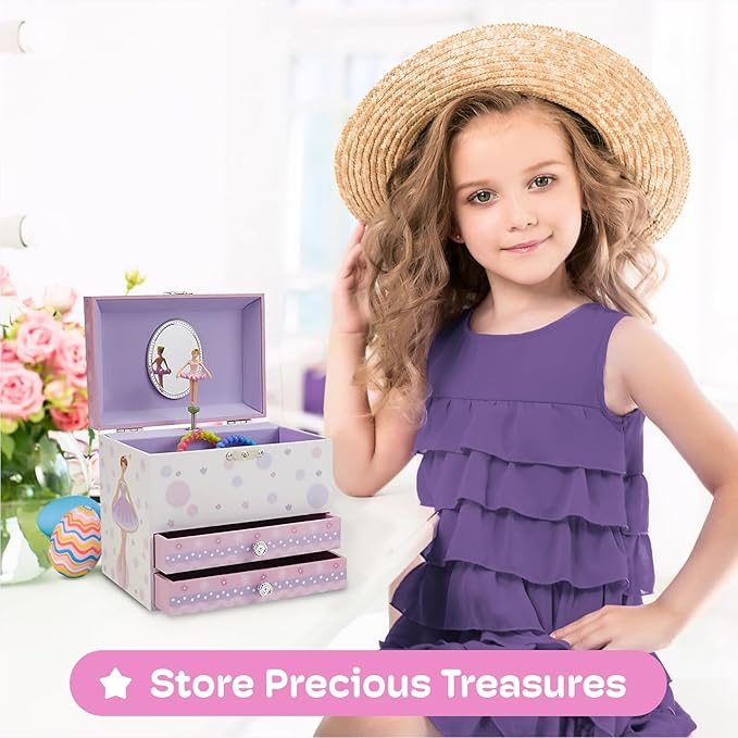 Jewelkeeper Jewelry Box - Jewelry Box for Girls with Ballerina and Music Box - Dual Drawers and Spacious Storage - Swan Lake Tune - White and Purple Keepsake Box - 6 x 6.75 x 5.25 Inches