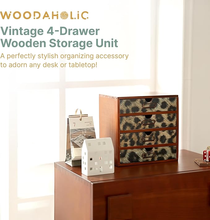 Classic Leopard Print Wooden Desk Organizer - 4-Drawer Desktop Storage - Rustic Wood Cabinet for Office Supplies, Craft Tools, & Home Organization - Luxurious Drawer Unit