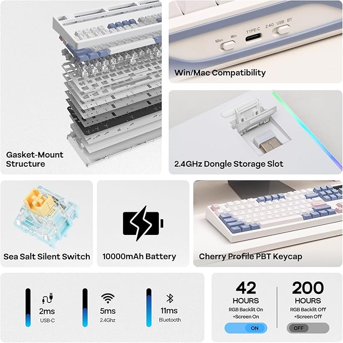 EPOMAKER TH108 PRO Full Size Mechanical Keyboard with Screen & Knob, Wireless Gaming Keyboard with 10000mAh, Creamy Gasket, Hot Swap, Custom Driver, RGB Backlight (White, Sea Salt Silent)