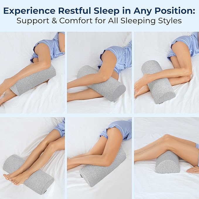 5 STARS UNITED Knee Pillow for Back Sleeping – Memory Foam Cushion for Sciatica Pain Relief – Under Leg Support for Sleeping on Back – Half Moon Bolster for Bed, Gray Cotton Cover