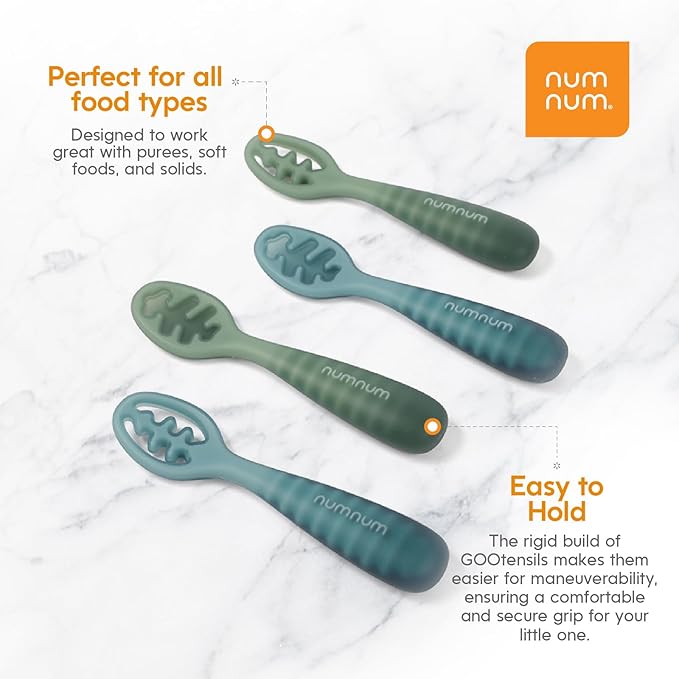NumNum Baby Spoons Set, Pre-Spoon GOOtensils for Kids Aged 6+ Months - First Stage, Baby Led Weaning (BLW) Spoon - Self Feeding, Silicone Toddler Food Utensils - 1-Pack, 4 Spoons