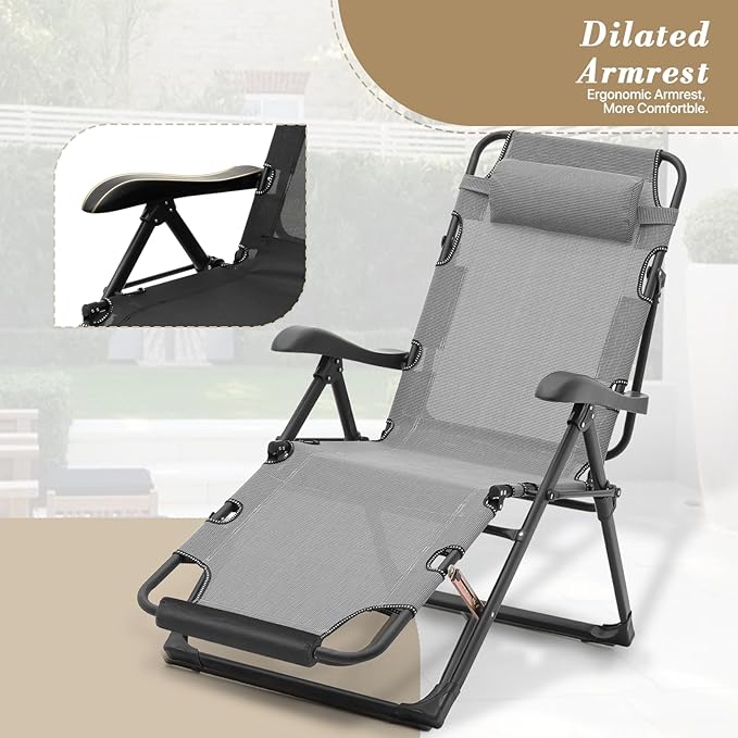 Athena Collection Zero Gravity Outdoor Lounge Chair Recliner Set of 2, 27" Width Reclining Pool Lounge Lawn Chairs with Headrest Foot Pad, Outdoor Chaise for Beach Patio Backyard Outside, Grey
