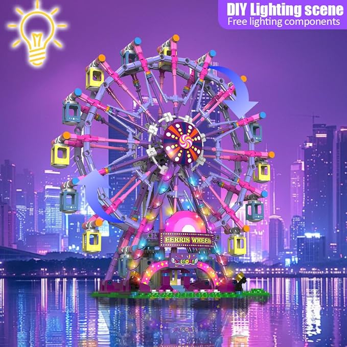 Rotating Ferris Wheel Building Blocks Set Toys with Lighting Kit, Carnival Amusement Park Construction Kits for Kids Children, Great Gift for Age 6+ Years Old（813pcs）-Pink