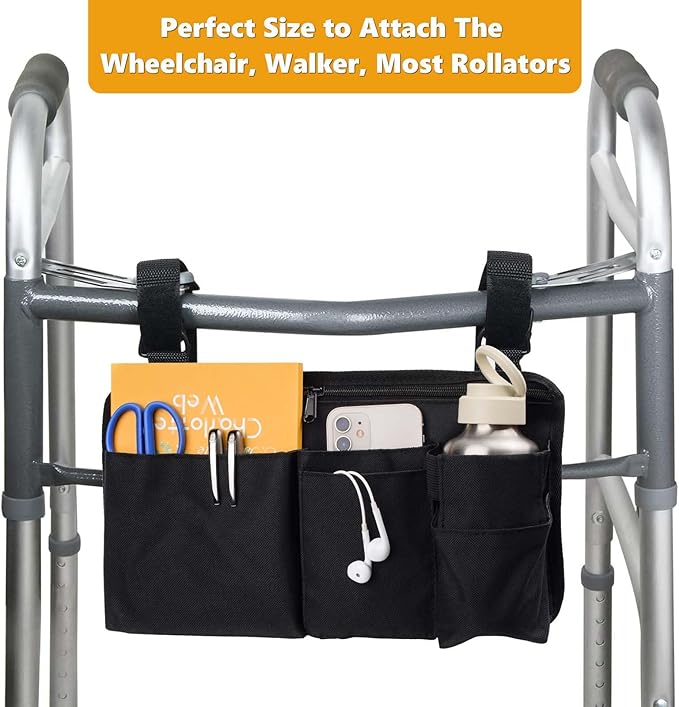 Wheelchair Side Bag with Cup Holder,Wheelchair Armrest Accessories Storage Pouch for Rollator，Walker，Power Wheelchairs，Nylon Walker Side Bag, Black