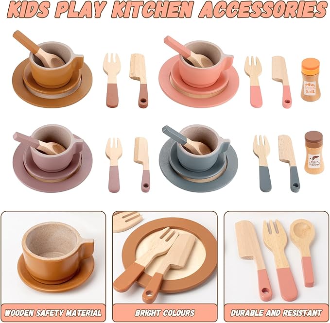GAGAKU Wooden Dishes Kids Wooden Dishes for Play Kitchen Kids Play Dish Set Wood Plates Set for Toddler Montessori Wooden Kitchen Toys Accessories