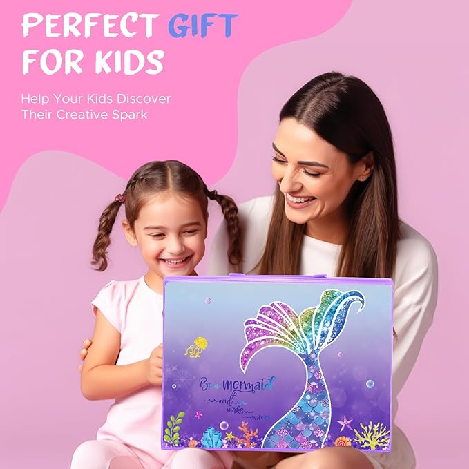 homicozy Art Supplies for Kids Ages 4-12,Mermaid Drawing Sets Art Case,Coloring Kits with Double Sided Trifold Easel,Crayon,Colored Pencil,Marker,Coloring Book,Drawing Stuffs Gifts for Girls Age 4-6-8