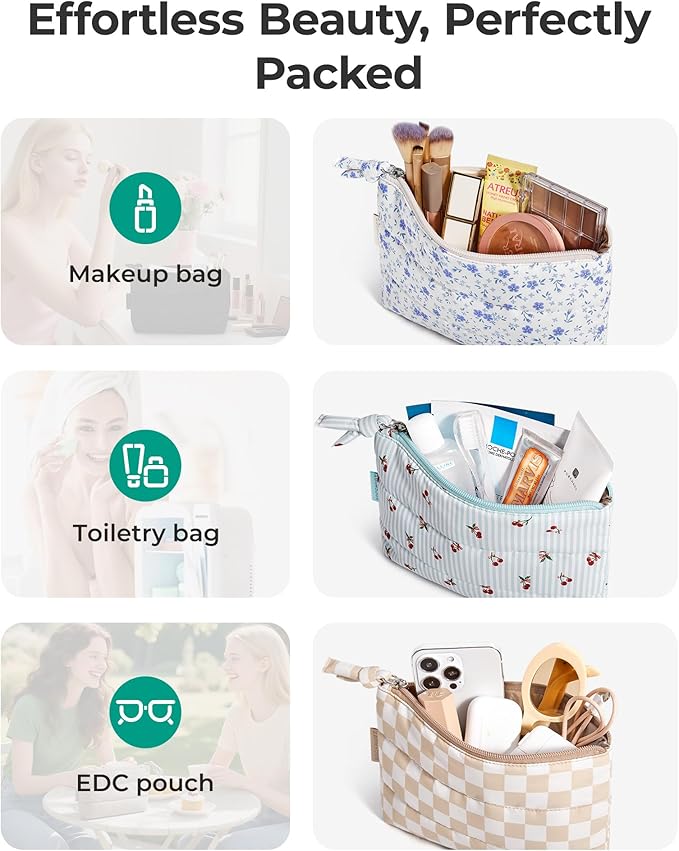 BAGSMART Small Makeup Bag, Puffy Portable Cosmetic Pouch with Charm Zipper, Water-Resistant Travel Organizer for Women (Blue Flower, Small)