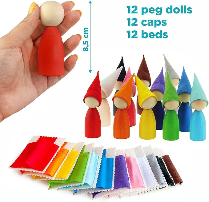 Ulanik Large Peg Dolls with Hats and Beds Toddler Montessori Toys for 3 Year Old + Wooden Waldorf Dolls for Learning Color Sorting and Counting — 12 Gnomes