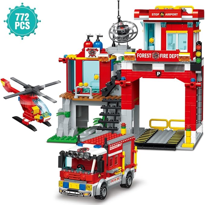 City Fire Rescue Building Set with Fire Station, Truck & Helicopter,737pcs Toy Gift for Boys 6+ (Compatible with Lego)