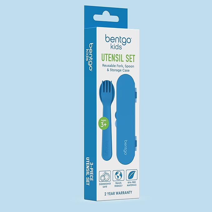 Bentgo Kids Utensil Set - Reusable Plastic Fork, Spoon & Storage Case - BPA-Free Materials, Easy-Grip Handles, Dishwasher Safe - Ideal for School Lunch, Travel, & Outdoors (Blue)