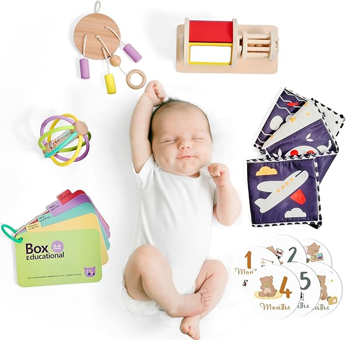 IEATFO Montessori Toys for Babies 0-6 Months, 6-in-1 Newborn Tummy Time Playful Learning Toys with Mobile, Black & White Soft Book, Spinning Rainbow Drum and Rolling Bell, Teether Rattle and More