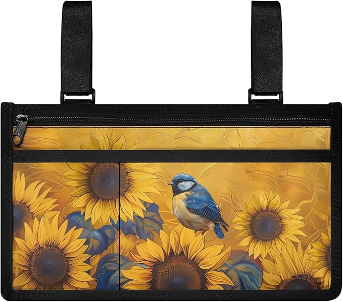 ZOUTAIRONG Sunflower Bird Wheelchair Side Bag Walker Bag, Elegant Floral Rustic Botanical Vintage Teal Wheelchair Armrest Accessories Organizer Pouch for Walkers, Rollators, Scooters