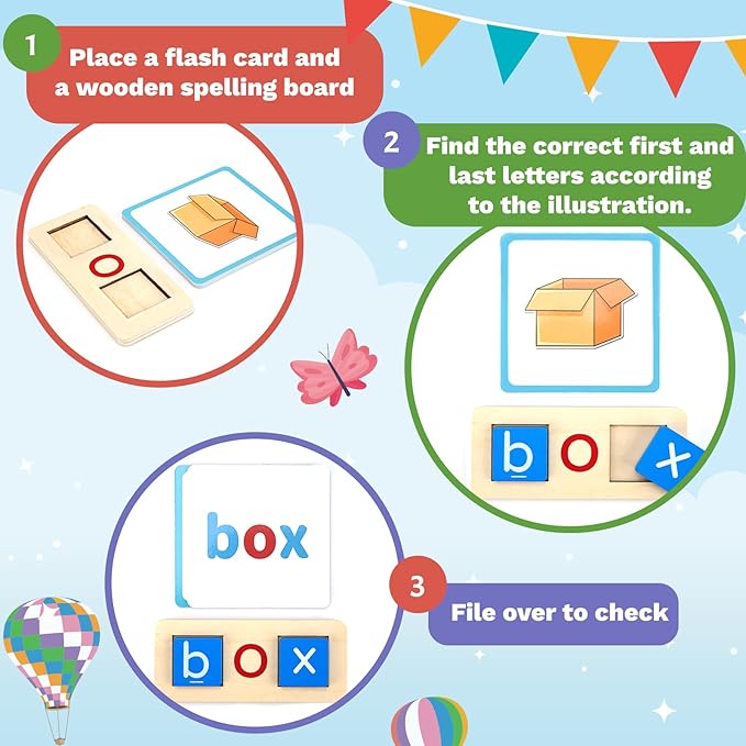 Wooden CVC Word Spelling Games, Sight Words Flash Cards Reading Letters for Beginner Preschool Learning Activities Montessori Educational Toy Gift for 3 4 5 6 Year Old Kids