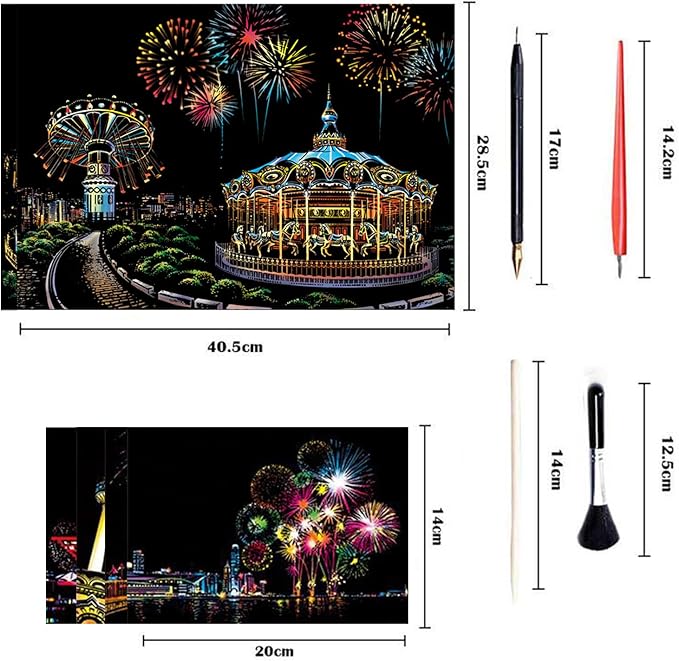 Georgie Porgy Scratch Paper Art A3 Set DIY Arts and Crafts Kits for Kids Adults, Magic Rainbow Scratch Postcard for Christmas Birthday Gift with Scratching Tools Kit (Amusement Park+ Dream Castle)