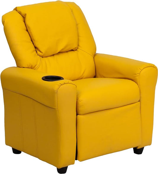 Flash Furniture Vana Vinyl Kids Recliner with Cup Holder, Headrest, and Safety Recline, Contemporary Reclining Chair for Kids, Supports up to 90 lbs., Yellow