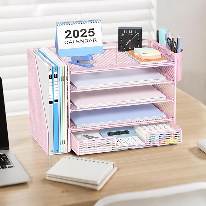 OPNICE Desk Organizer, 5-Tier Paper File Organizer with Drawer & Pen Holder, Office Desk Accessories, Workspace Desktop Organizer for Office Supplies(Pink)