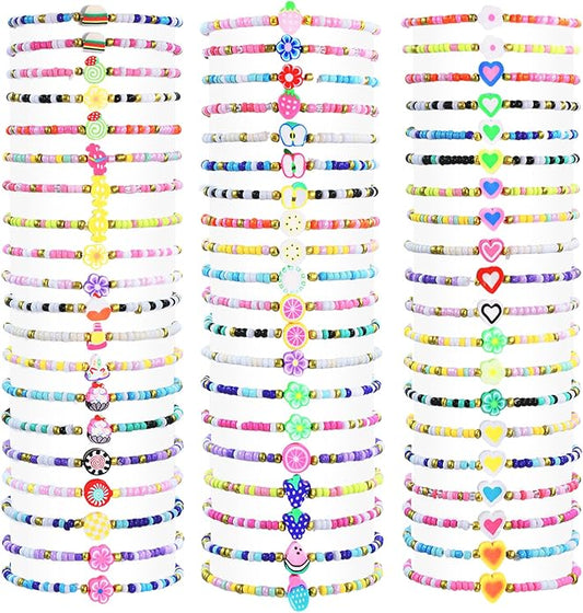 60 pcs Colorful Kids Friendship Bracelet Sets, Stackable Elastic Cute Beaded Bracelets Princess Pretend Play Bracelet Preppy Bracelets Bulk Set for Women Gift