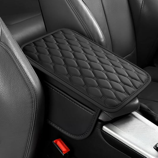 ongfuwu Car Center Console Cover, Leather Auto Armrest Cover Protector, Waterproof Armrest Center Console Pad with 2 Storage Bags, Universal Armrest Seat Box Pad for Vehicle SUV Truck (Black)
