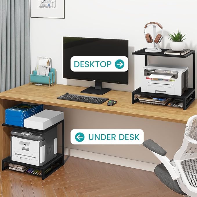 ELITEROO 2-Tier Printer Shelf with Drawers, Wooden Desk Organizer Shelf for Small Printers and Office Supplies, Desktop Storage Rack for Books, Folders, Scanner, Fax Machine, 3D Printer, Black