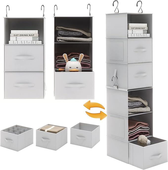 Twira 6-Shelf Hanging Closet Organizer, 2 Separable 3-Shelf Hanging Shelves, Hanging Storage with 3 Removanle Drawers 4 Side Pockets for Wardrobe, Nursery, Drom, Baby Clothes Organization Light Grey
