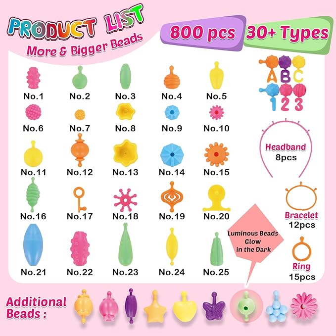 FUNZBO 850pcs Pop Beads - Jewelry Making Kit for 3 4 5 6 7 8 Year Old Little Girls, Arts and Crafts Toys for Kids, Necklace Bracelet Ring Hairband Creativity Snap Set Valentine Easter Birthday Gifts