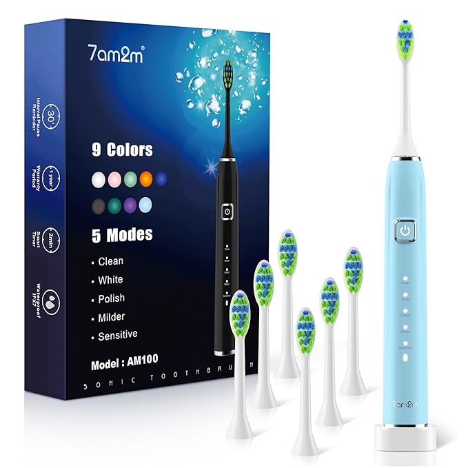 7AM2M Sonic Electric Toothbrush with 6 Brush Heads for Adults&Kids, One Charge for 120 Days, Wireless Fast Charge, 5 Modes, 40000VPM Powered Toothbrush, 2 Minutes Built in Smart Timer (Light Blue)