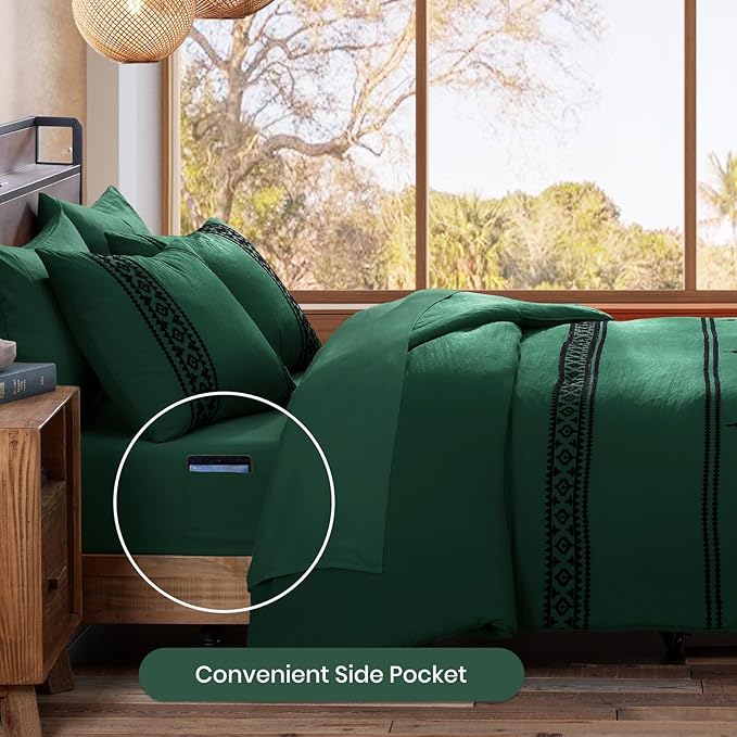 MaiRêve Embroidery Comforter Set, Boho Farmhouse Western Bedding Set, All Season Bed in A Bag Comforter Set with Sheets, Pillowcases & Shams, Emerald Green Full 7 Pieces