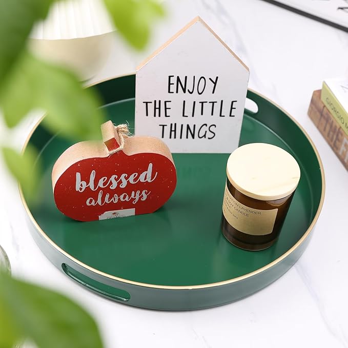 Omuriko Green Round Decorative Tray with Handles, 13" Versatile Serving Tray for Coffee Table, Ottoman, Ideal for Serving, Displaying, Organizing