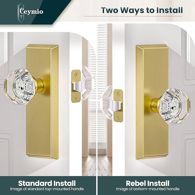 Glass Door Knobs for Interior Doors - Vintage Crystal Passage Closet & Hallway Door Knob - Diamond Cut Door Handle - Brushed Bold Finish (1 Pack)