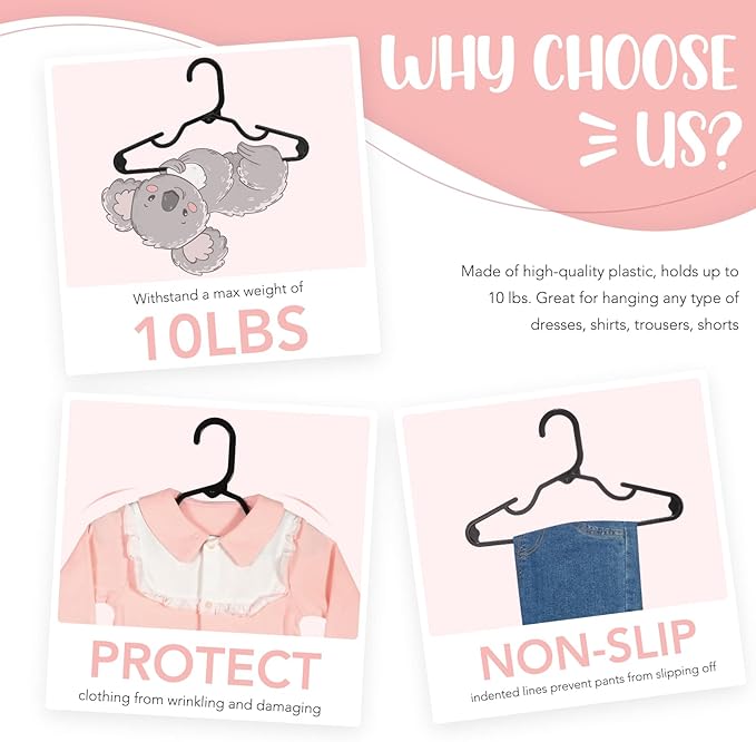 HOUSE DAY Plastic Baby Hangers for Closet 20 Pack, Durable Plastic Kids Hangers for Baby Clothes, Thin & Compact Childrens Hangers, Space Saving Black Baby Hangers, Small Hangers for Kids Clothes