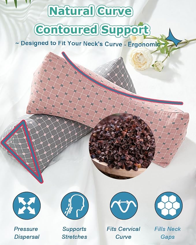 Buckwheat Pillow for Neck Pain Relief, Buckwheat Cervical Pillow, Small Neck Pillow, Adjustable Firm Neck Support Pillow for Sleeping, Buckwheat Hulls Filling, Pink 6 * 15 inch