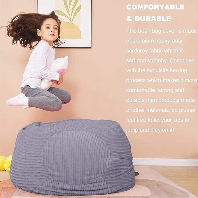 Stuffed Animal Storage Bean Bag Chair Cover for Kids, 38" Beanbag Chairs Cover Plush Toys Organizer Super Soft Corduroy with Handle and Zipper for Boys and Girls - Grey