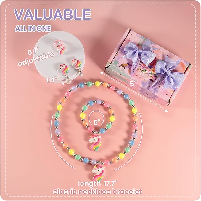 Handmade Unicorn Kids Jewelry Set for Little Girls - Elastic Necklace Bracelet - Clip On Earrings - Adjustable Rings - Bow Hair Clips - Birthday Dressup Childrens Costume w/Box Bags